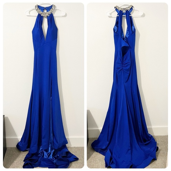 Mac Duggal 66465 Prom Long Formal Halter Dress Gown Blue Embellished Size 4 NWT - Picture 2 of 11